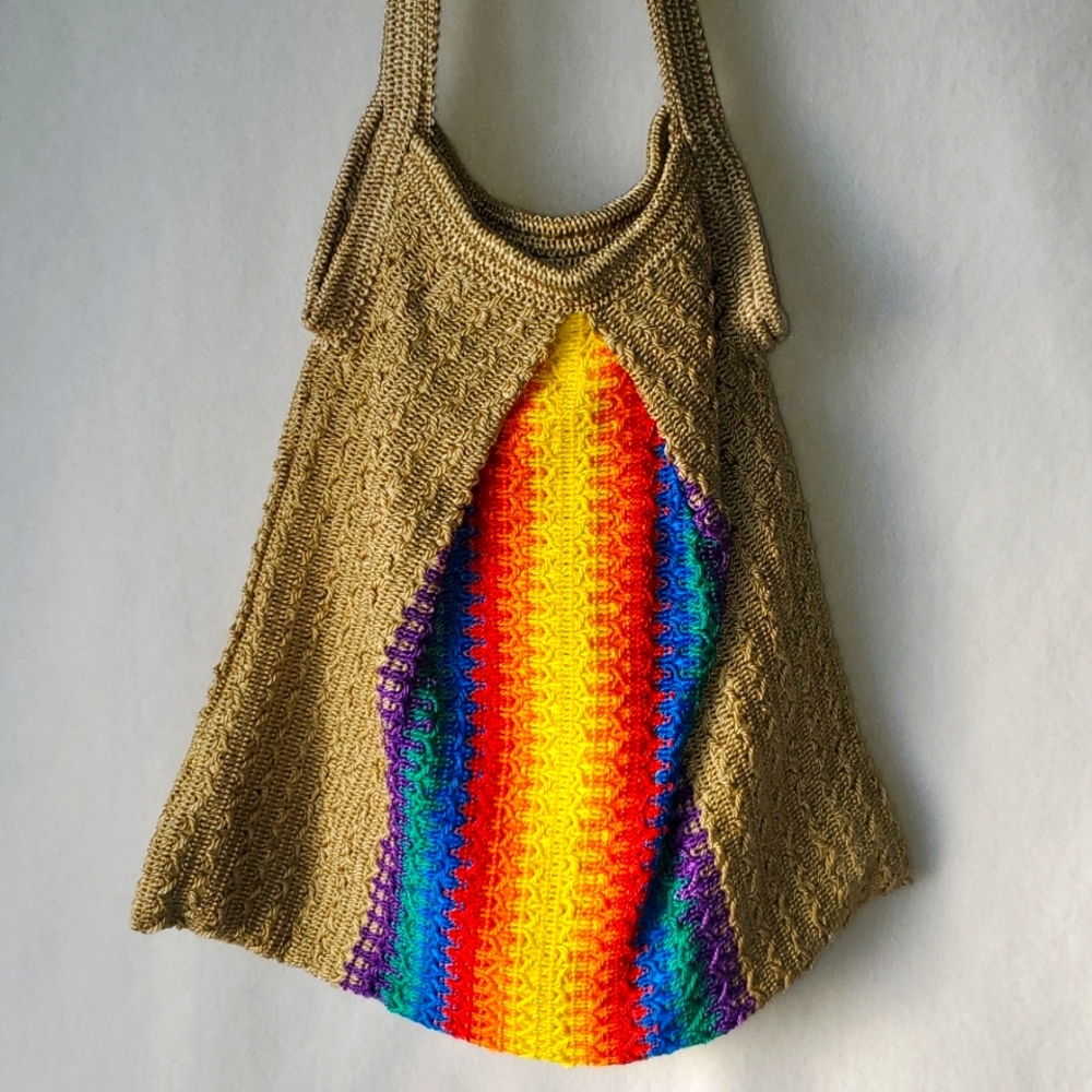 Womens beige crochet shoulder bag with multi color sides - Picture 3 of 5